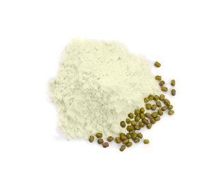 Photo of Pile of mung bean flour and seeds isolated on white, top view