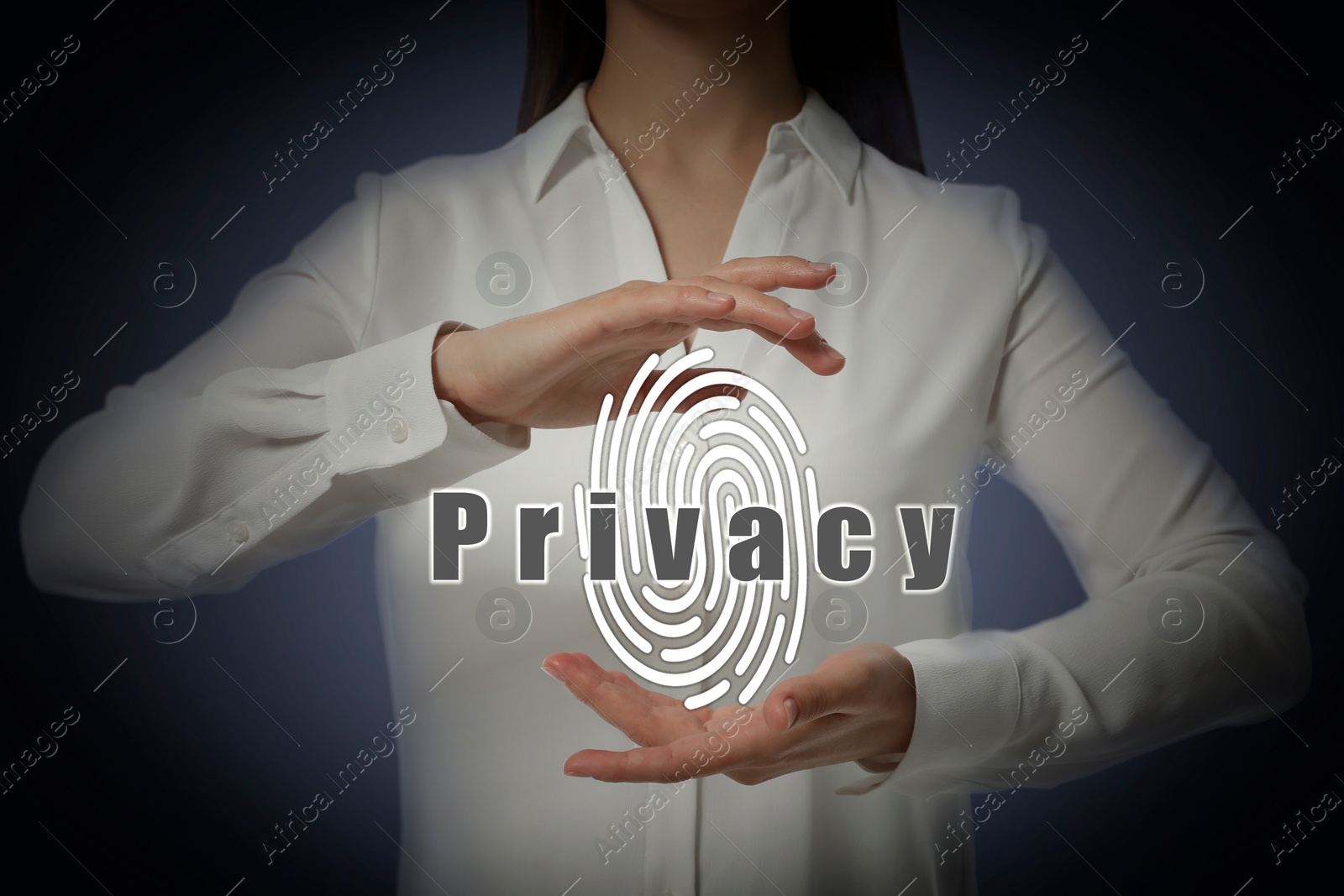 Image of Privacy policy. Woman holding illustration of fingerprint against dark background, closeup