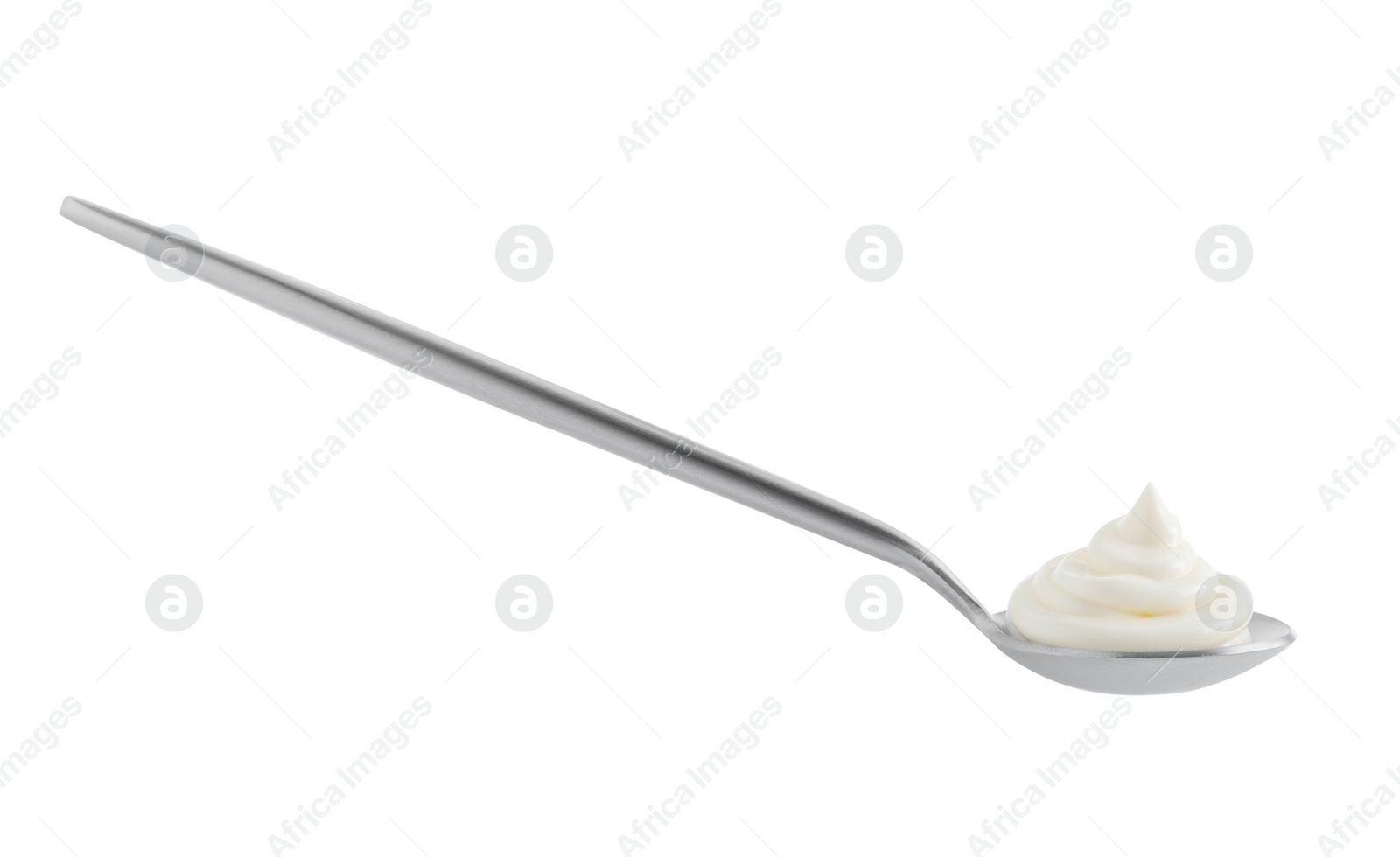 Photo of Silver spoon with mayonnaise isolated on white