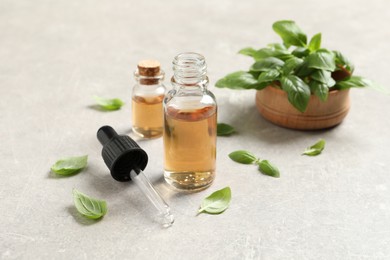 Photo of Bottles of essential basil oil and fresh leaves on light grey table