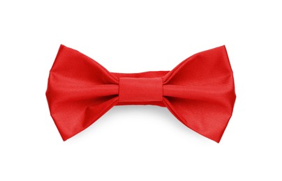 Stylish red bow tie on white background, top view