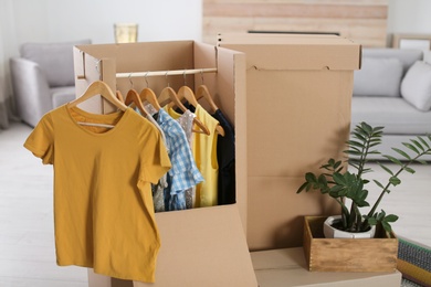 Cardboard wardrobe boxes with clothes on hangers and houseplant in living room