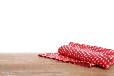 Photo of Red checkered napkins on wooden table against white background. Mockup for design