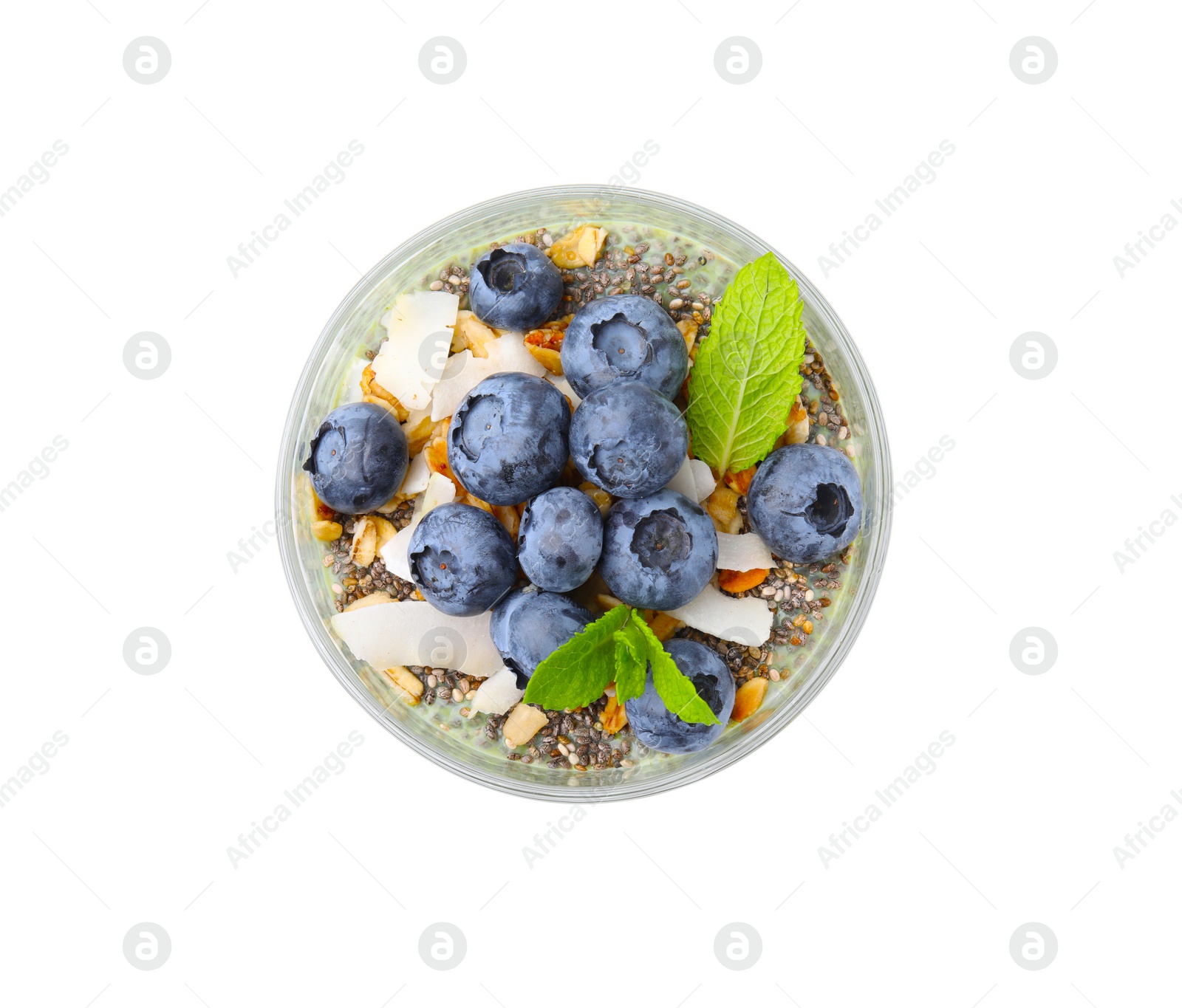 Photo of Tasty oatmeal with blueberries, coconut and mint on white background, top view. Healthy breakfast