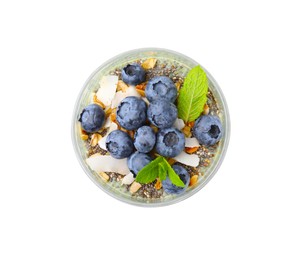 Photo of Tasty oatmeal with blueberries, coconut and mint on white background, top view. Healthy breakfast