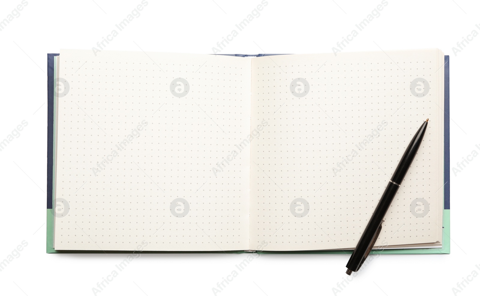 Photo of Open empty notebook and pen isolated on white, top view