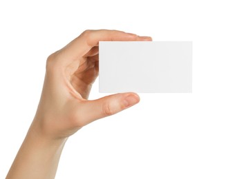 Photo of Woman holding blank business card on white background, closeup. Mockup for design