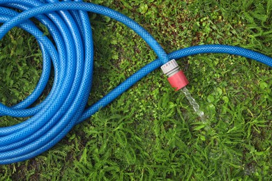 Photo of Water flowing from hose on green grass outdoors, top view
