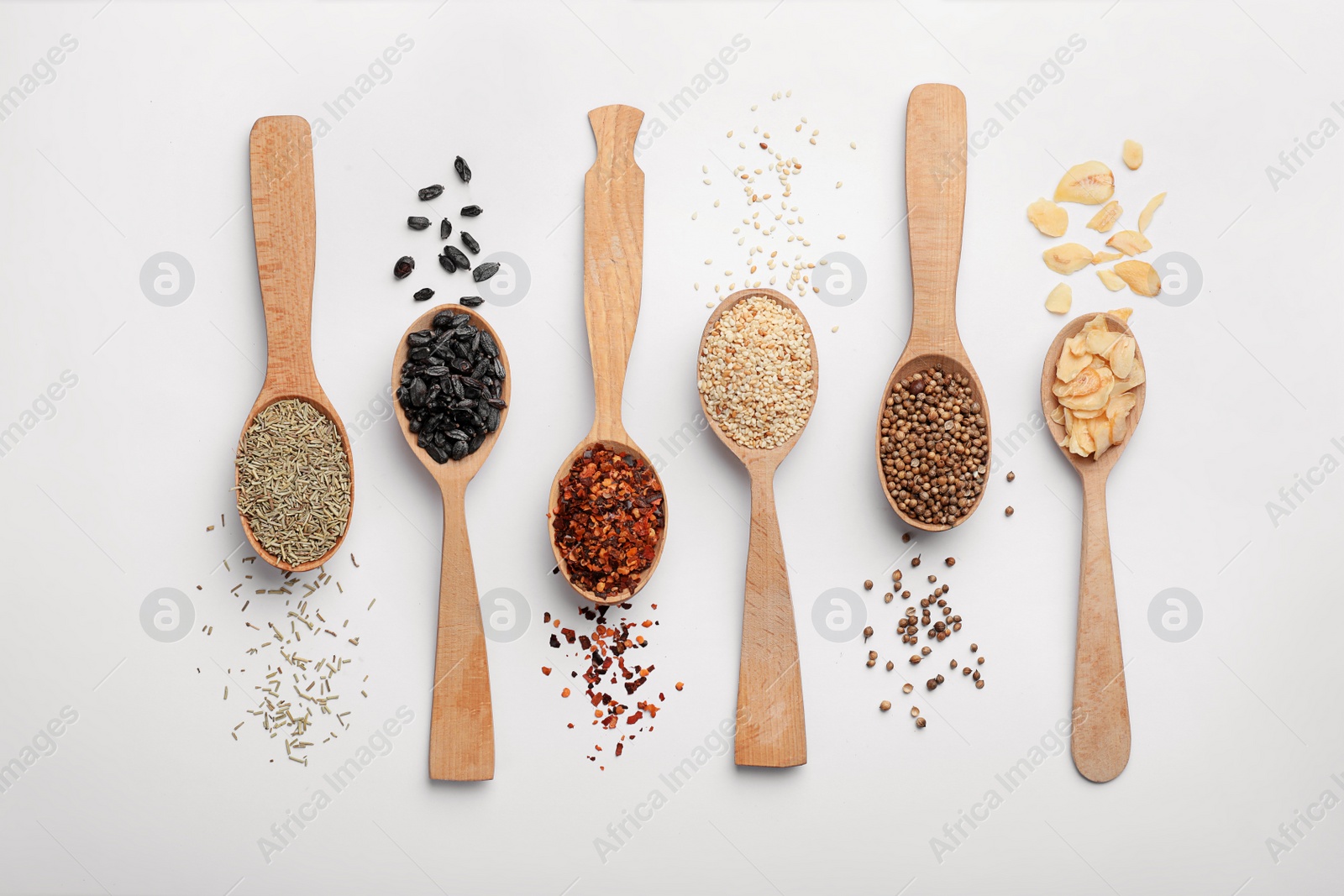 Photo of Composition with different aromatic spices in wooden spoons on white background