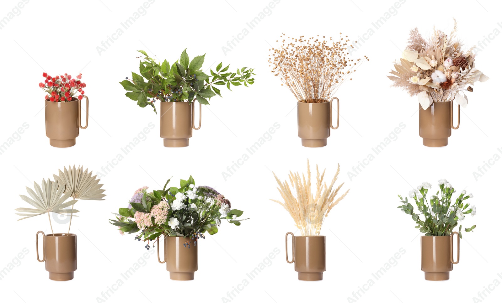 Image of Collage with many beautiful bouquets in ceramic vase on white background