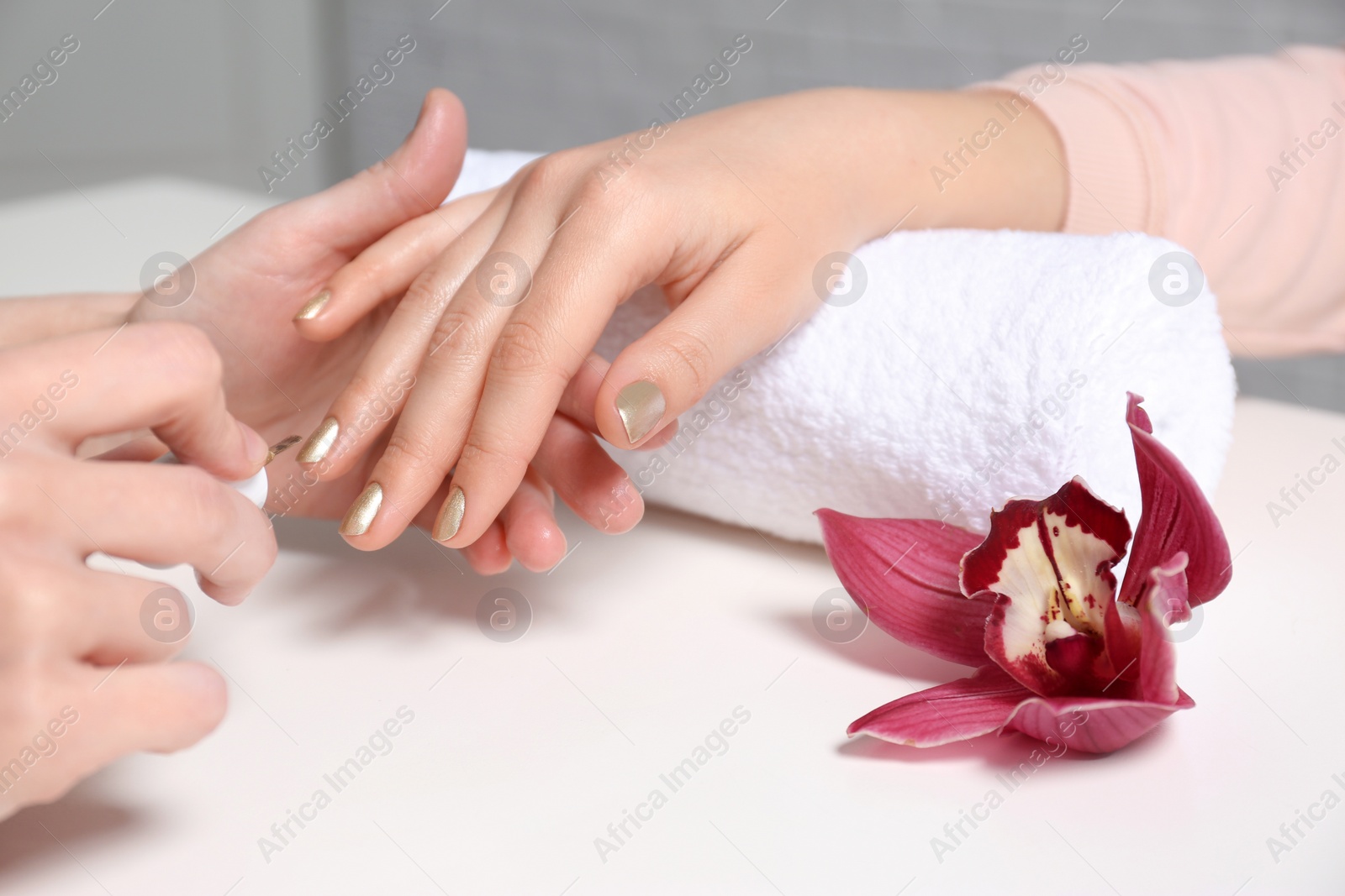 Photo of Manicurist painting client's nails with polish in salon, closeup