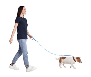 Image of Smiling woman walking with dog on white background