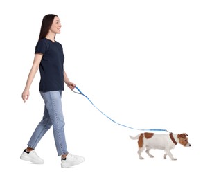 Smiling woman walking with dog on white background