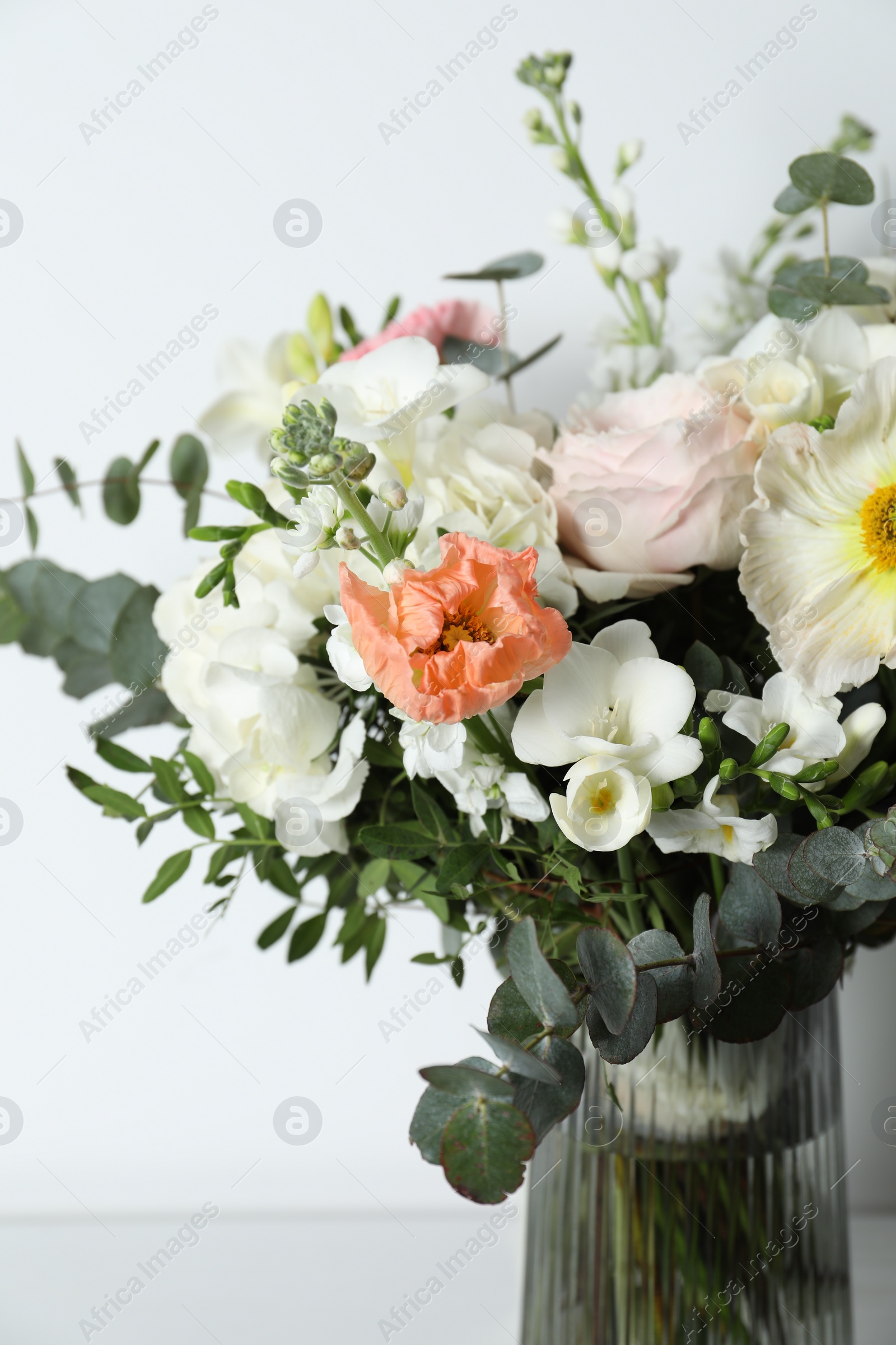 Photo of Bouquet of beautiful flowers in vase on white background, closeup