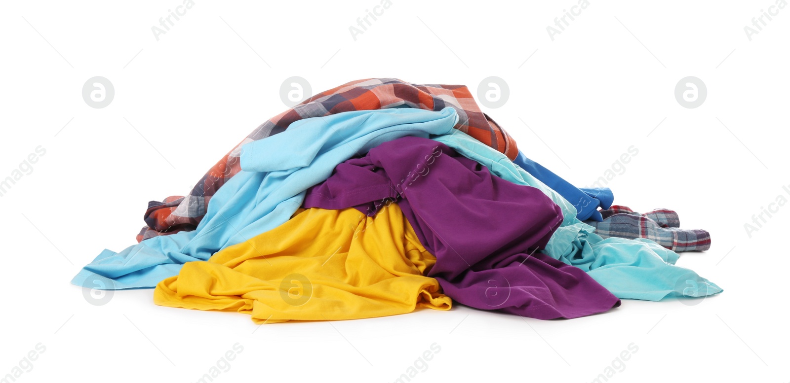 Photo of Pile of dirty clothes on white background