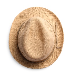 Stylish summer hat on white background, top view