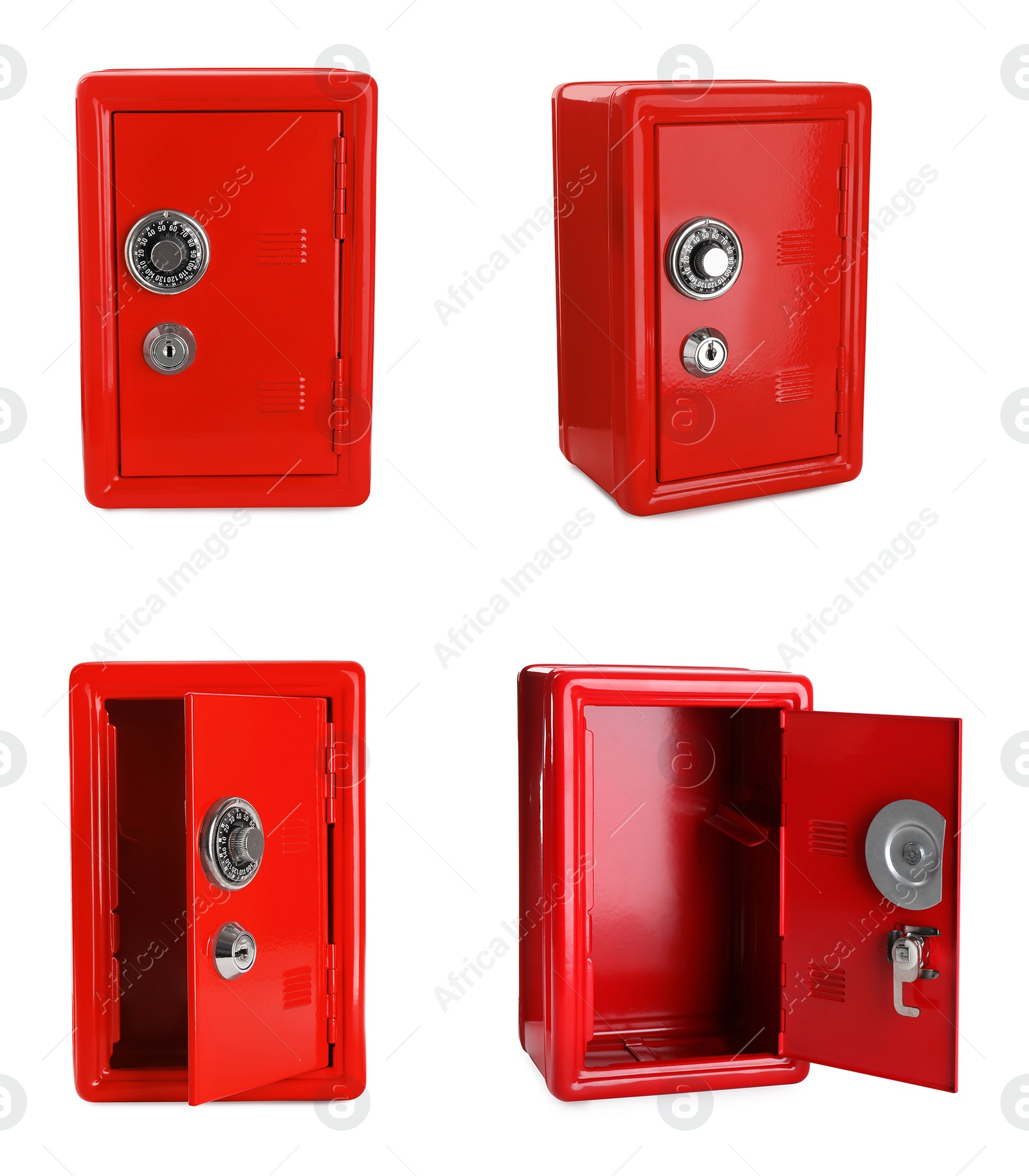 Image of Set of steel safes on white background