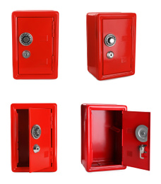 Image of Set of steel safes on white background