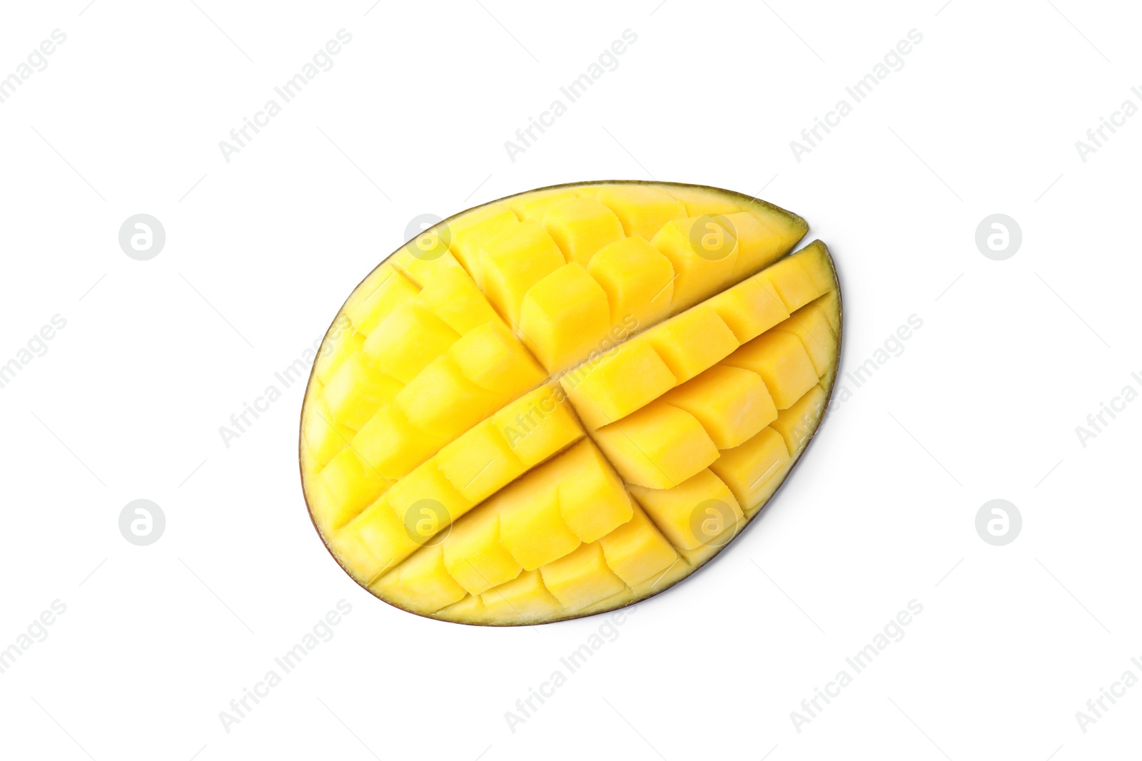 Photo of Fresh juicy mango half isolated on white, top view