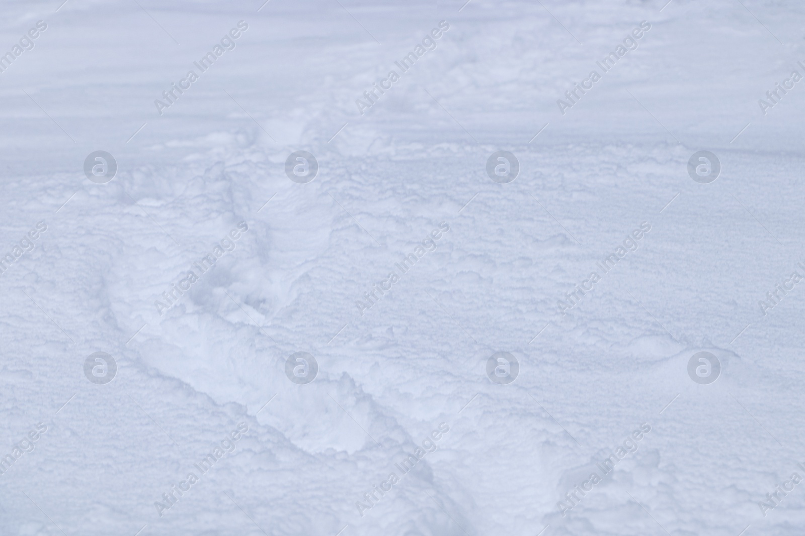 Photo of Footprints on beautiful shiny snow as background, closeup view