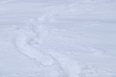 Photo of Footprints on beautiful shiny snow as background, closeup view