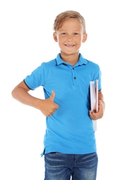 Photo of Little child with school supplies on white background