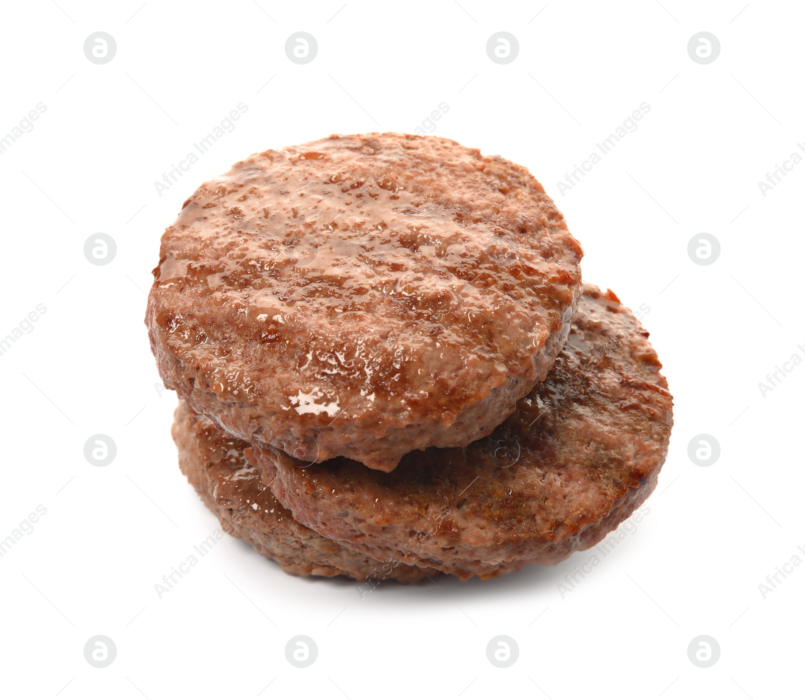 Photo of Tasty grilled hamburger patties on white background