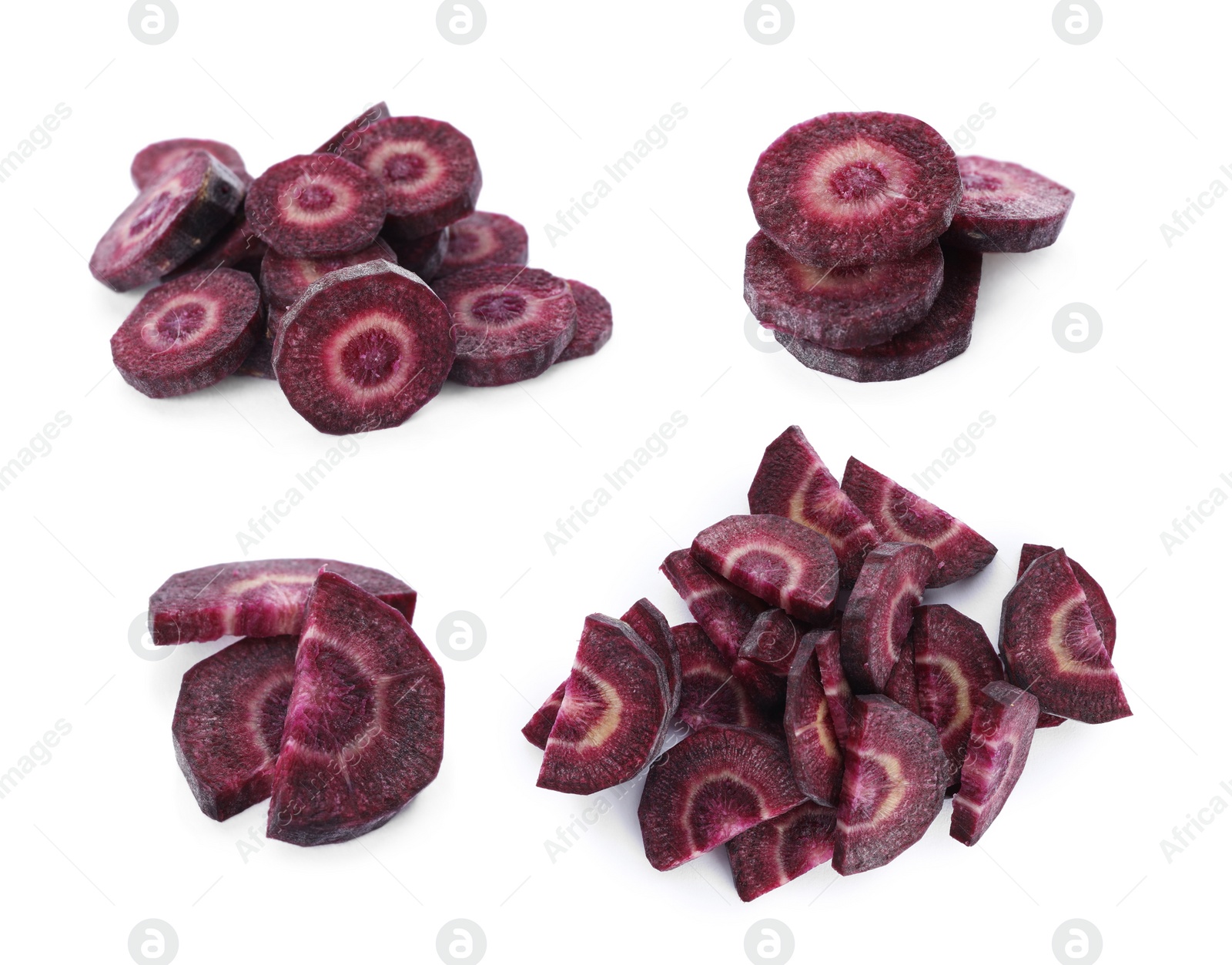 Image of Set of purple carrot slices on white background