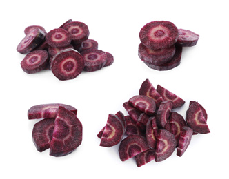 Image of Set of purple carrot slices on white background