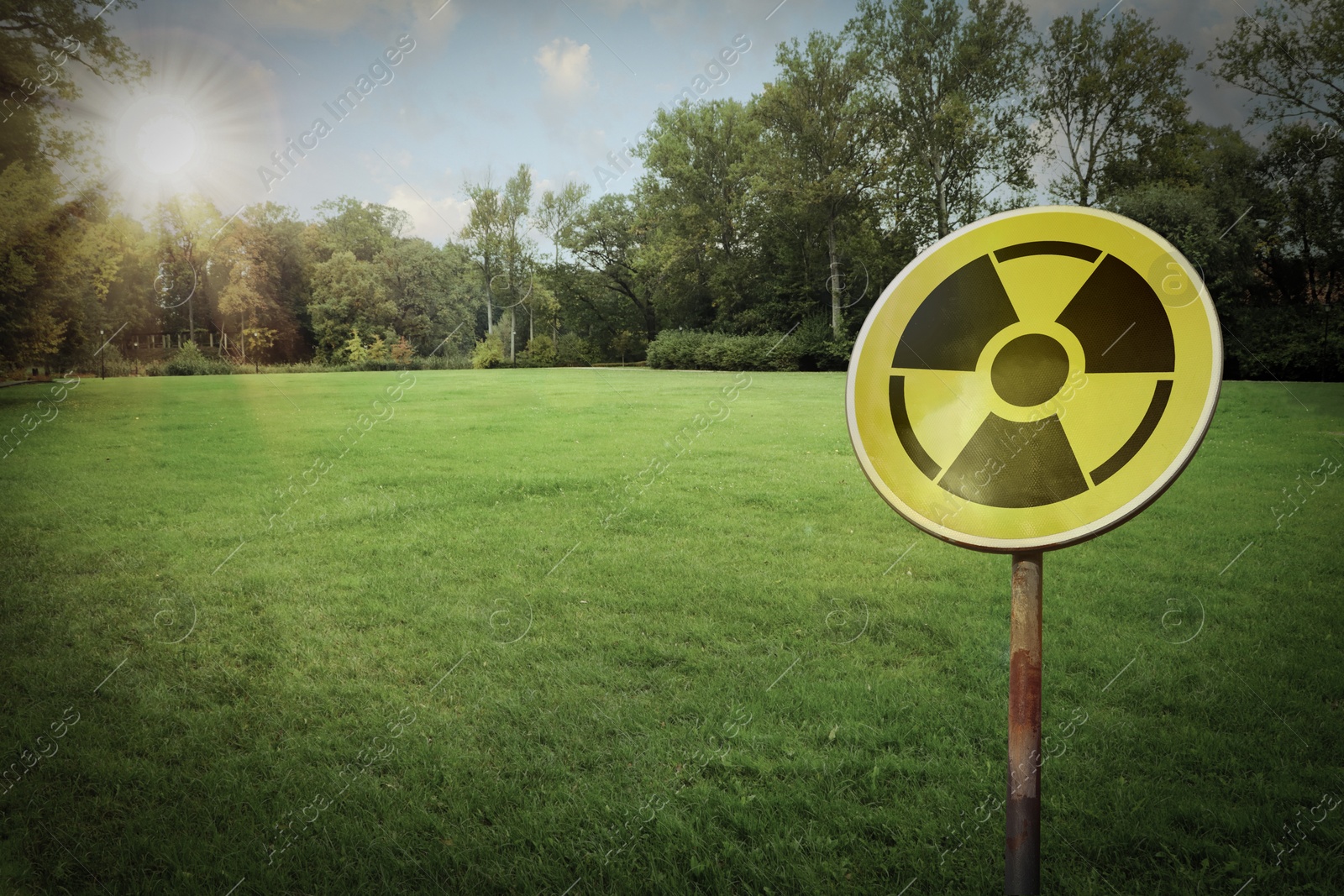 Image of Radioactive pollution. Yellow warning sign with hazard symbol near contaminated area outdoors. Space for text