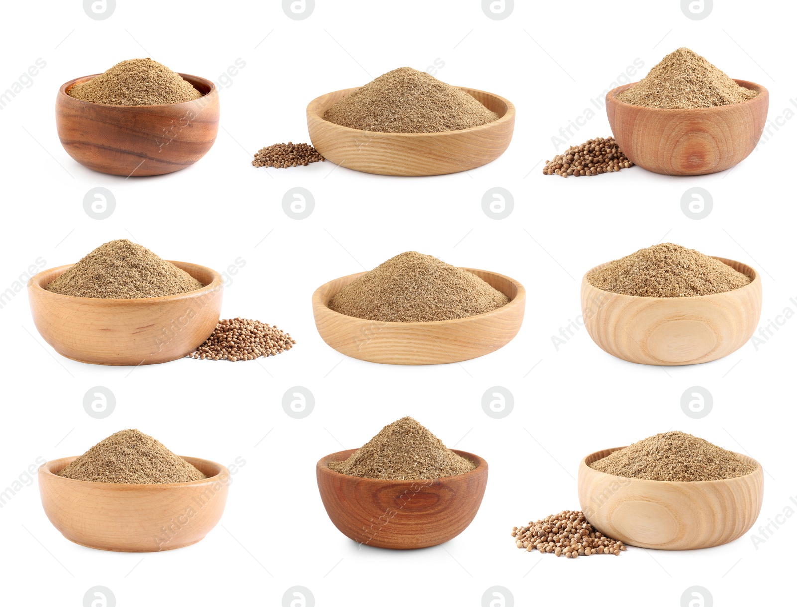 Image of Set with coriander seeds and powder on white background