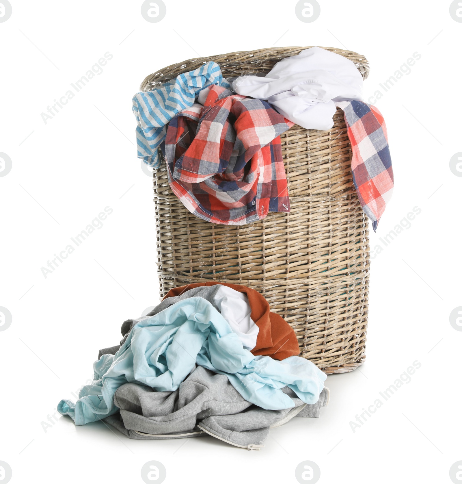 Photo of Laundry basket with dirty clothes isolated on white