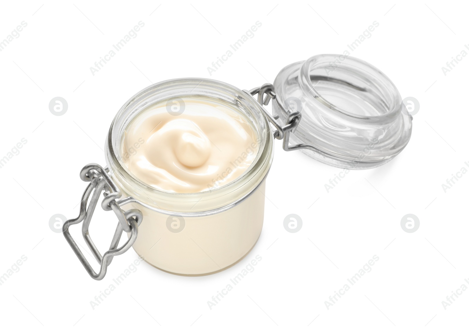 Photo of Mayonnaise in glass jar isolated on white