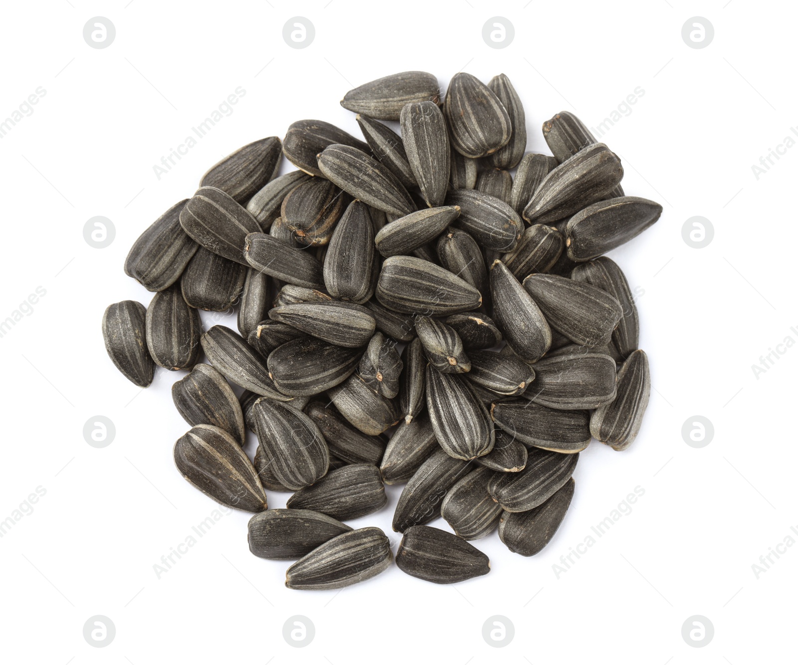 Photo of Raw sunflower seeds on white background, top view