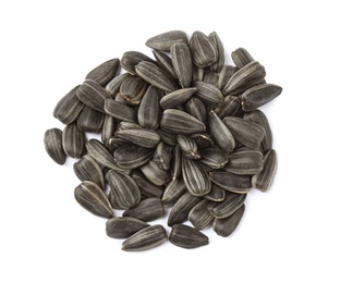 Photo of Raw sunflower seeds on white background, top view