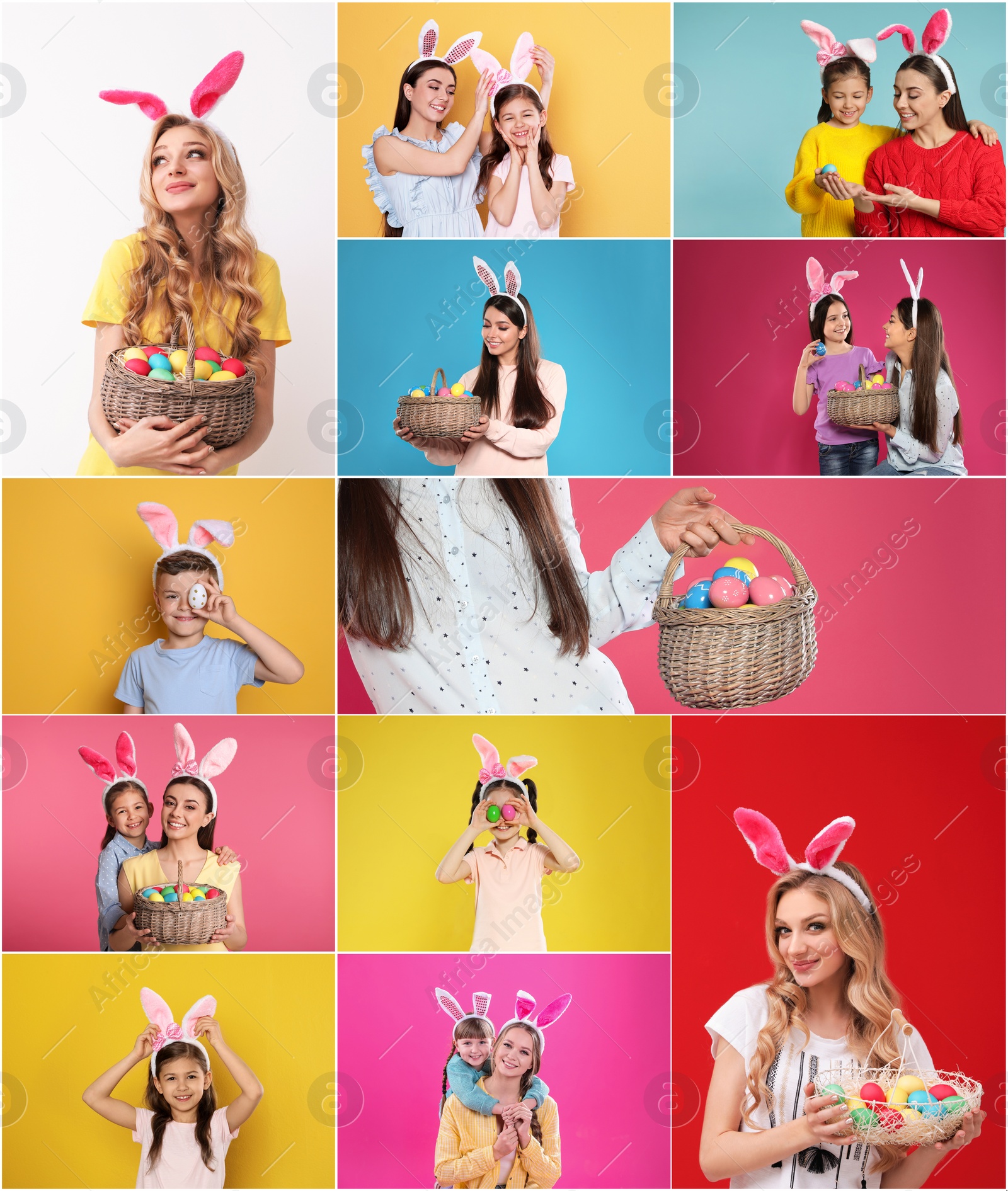 Image of Collage photos of people wearing bunny ears headbands on different color backgrounds. Happy Easter