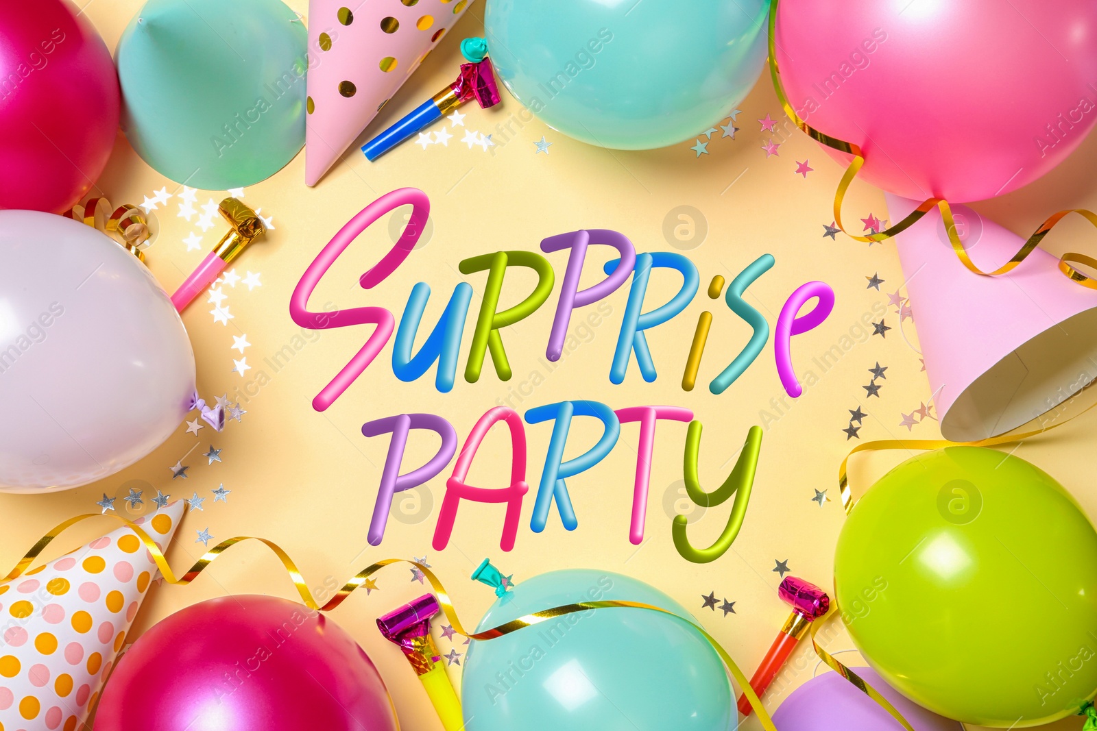 Image of Flat lay composition with balloons and different items for surprise party on beige background