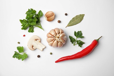 Photo of Flat lay composition with green parsley, pepper and vegetables on white background