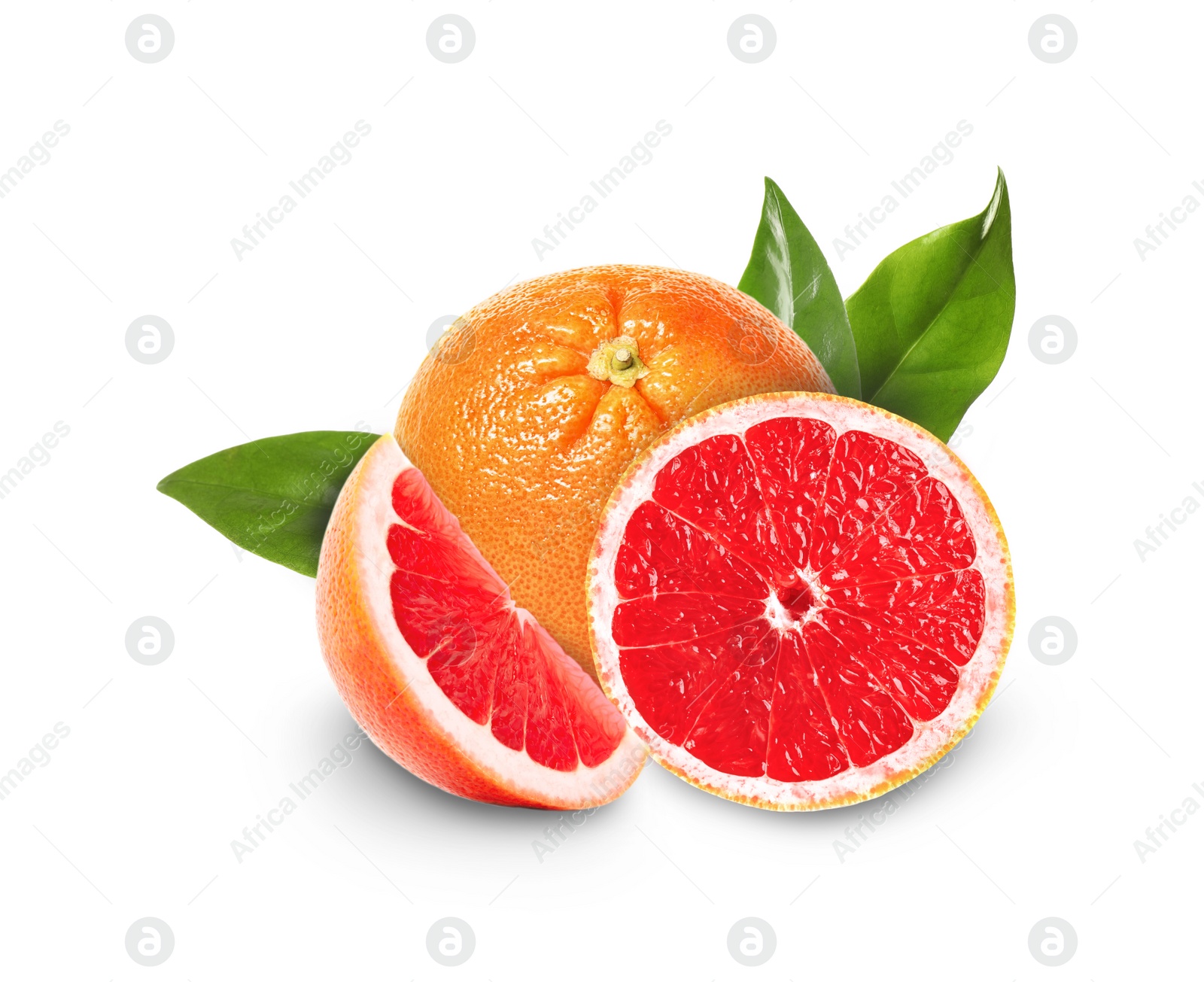 Image of Whole and cut grapefruits on white background