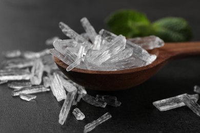 Photo of Menthol crystals in spoon on grey background, closeup