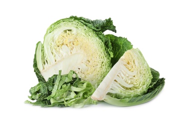 Photo of Cut fresh savoy cabbage on white background