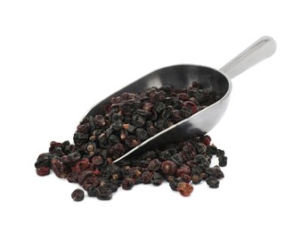 Scoop with tasty dried currants on white background