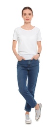 Photo of Young woman in t-shirt on white background. Mock up for design