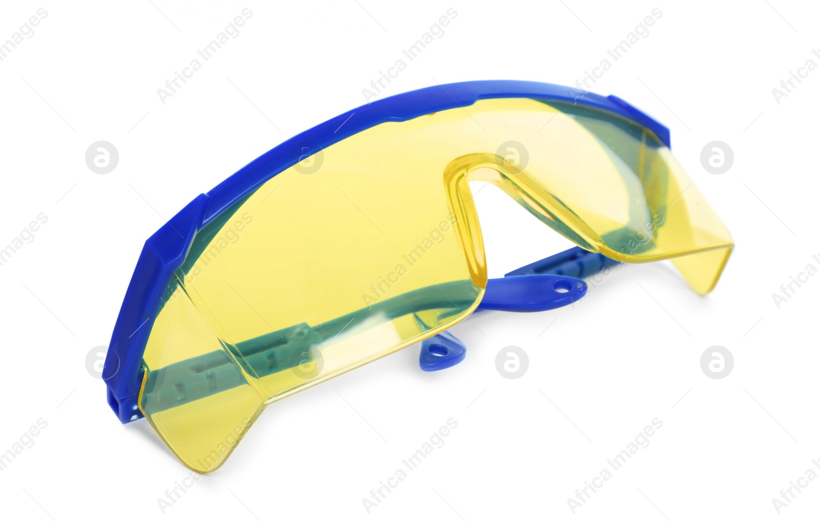 Photo of Protective goggles isolated on white. Safety equipment