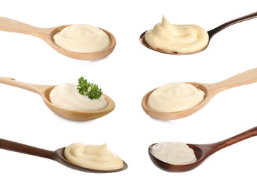 Image of Set with tasty mayonnaise on white background