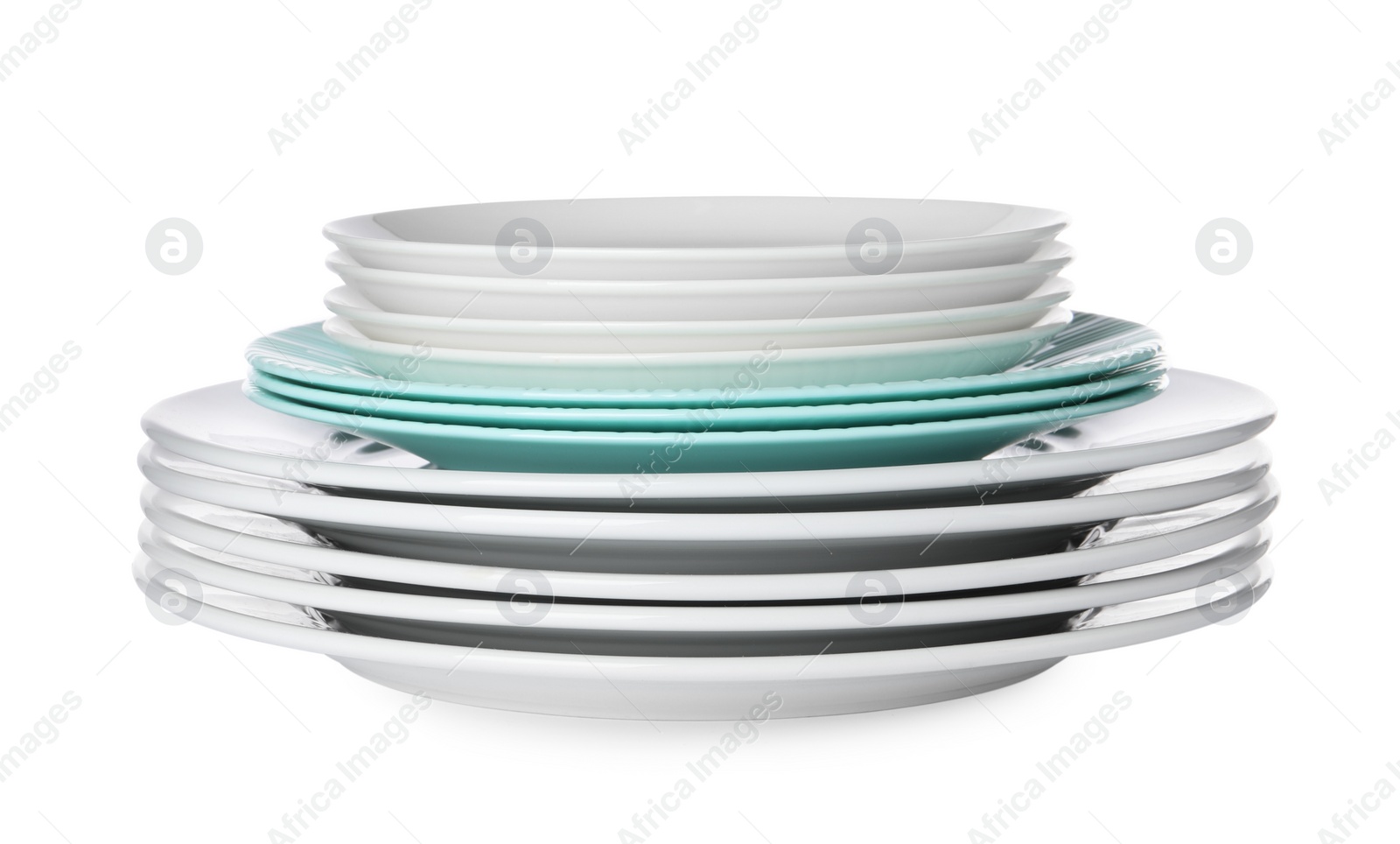 Photo of Stack of beautiful ceramic plates isolated on white