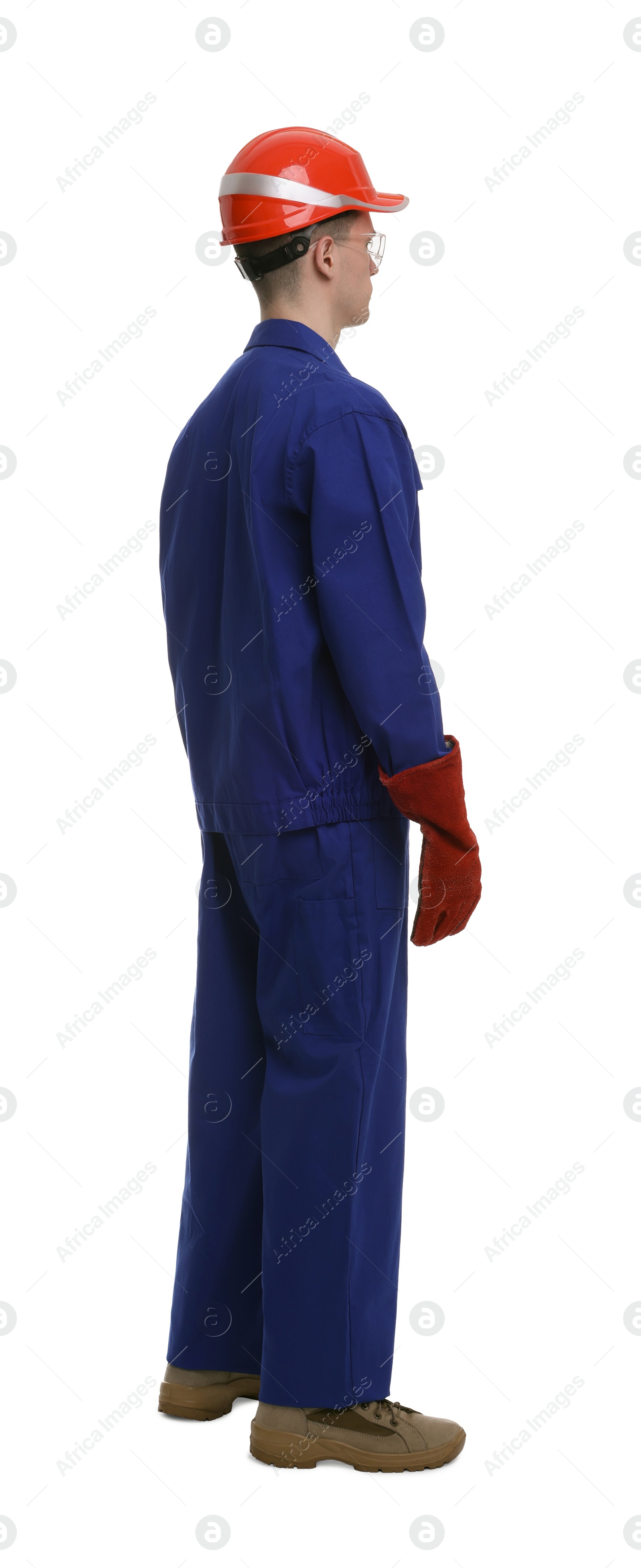 Photo of Young man wearing safety equipment on white background, back view