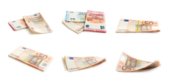 Image of Set of money on white background, banner design. Currency exchange