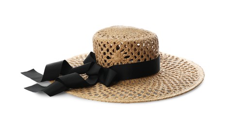 Photo of Stylish straw hat isolated on white. Beach object