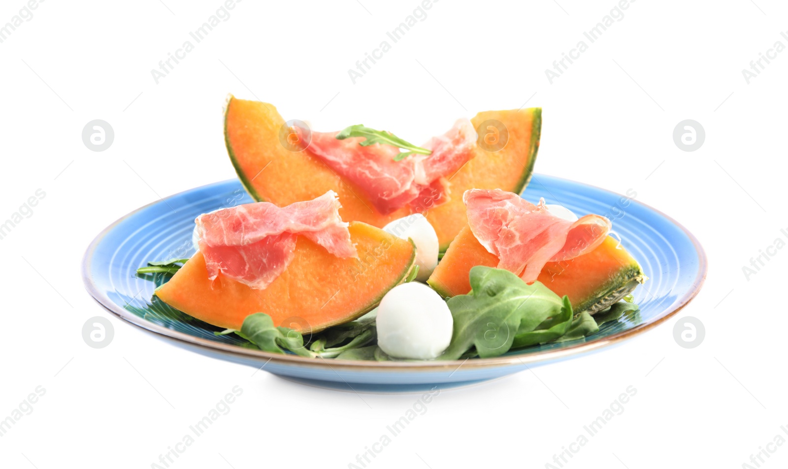 Photo of Fresh melon with prosciutto, mozzarella and arugula on white background